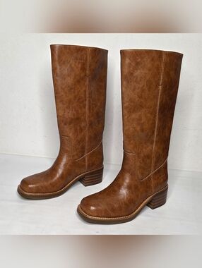 Frye and Co NWOB Miranda Boot Women 9M Stack Heel Brown Vegan Western Knee High